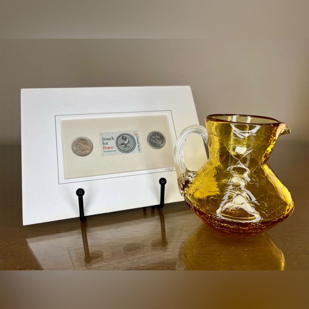 Vintage Pilgrim Hand Blown Amber Crackle Glass Mini Pitcher & 1967 Coin Set Lot